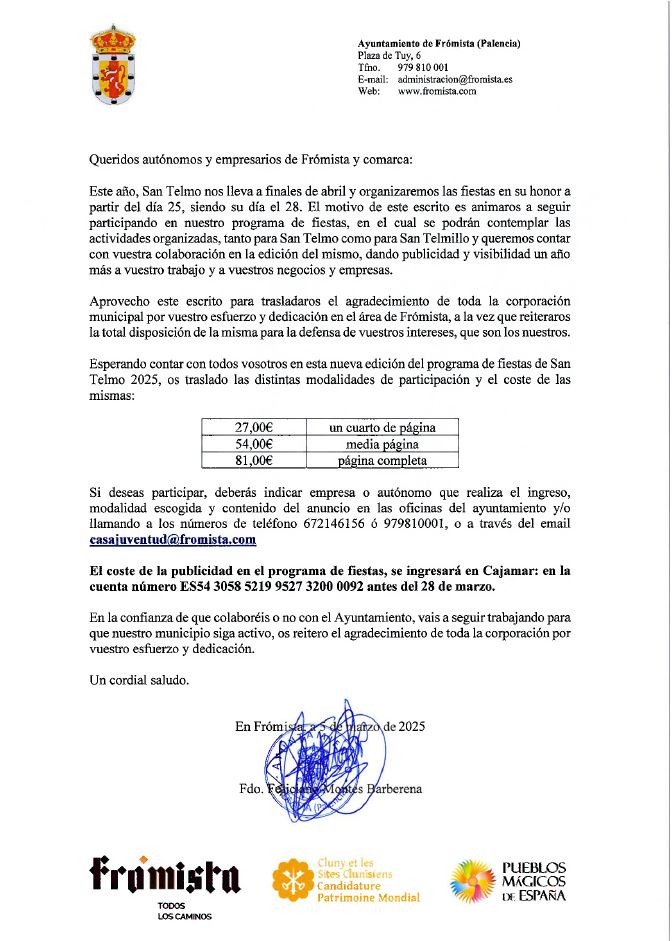 AVISO PARA ANUNCIARSE EN EL PROGRAMA DE FIESTAS